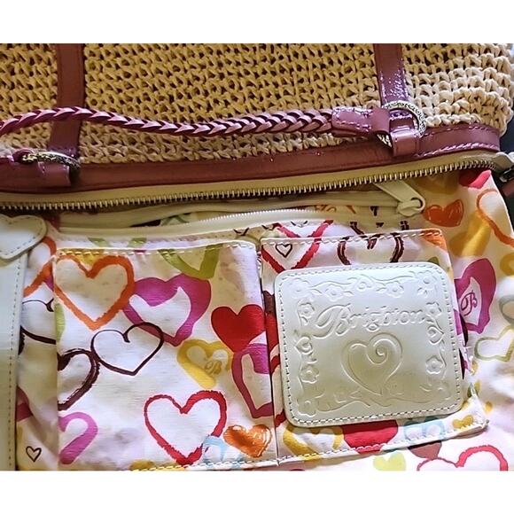 Brighton Woven Straw Raffia Macrame Medium Tan w Pink Shoulder Handbag As Is - Picture 8 of 15